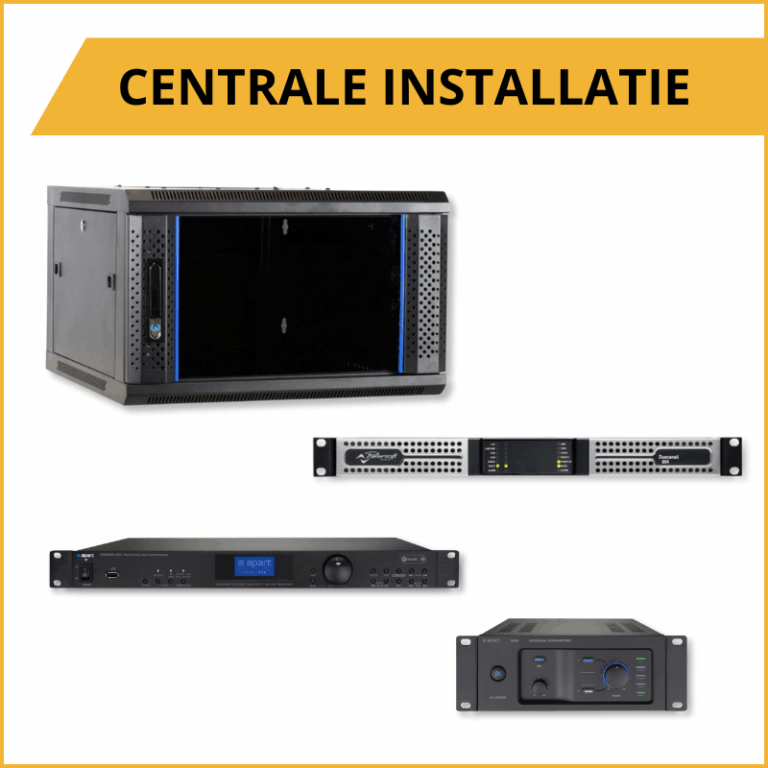 Centrale installatie, bestaande uit: 6U wandkast, powersoft eindversterker, biamp voorversterker met hoofdvolumeregeling en internetradio.