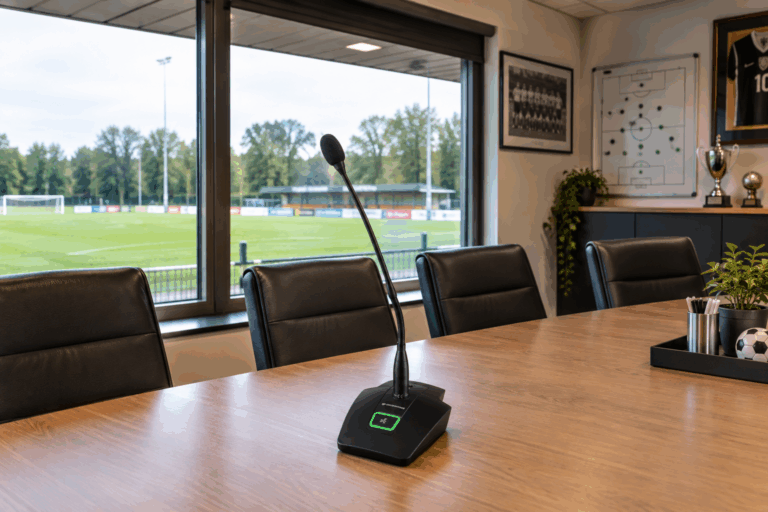 Sennheiser omroepmicrofoon in bestuurskamer van voetbalveld.
